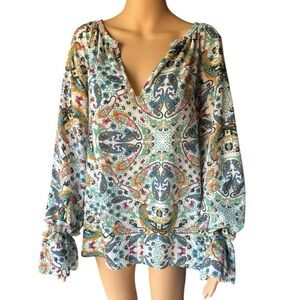 Belle Sky Peacock & Floral Multicolor Women's Long Sleeves Top size XL